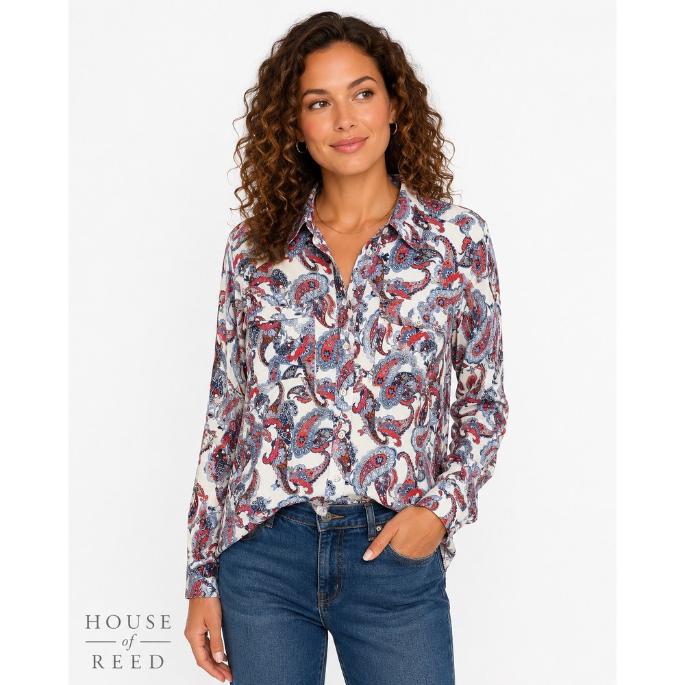 Liz Claiborne Paisley Button Front Blouse XL Red Blue White Rayon Office Boho